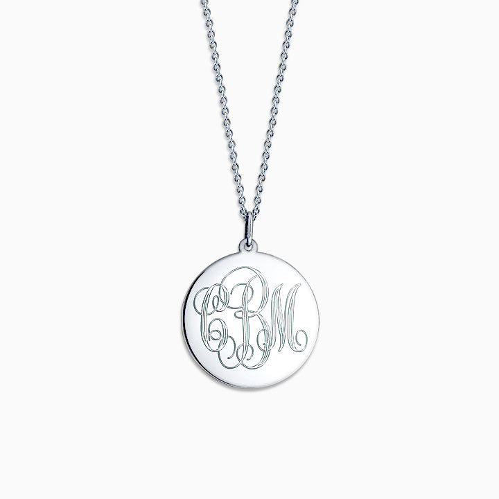 Engravable 7/8 inch 14k White Gold Interlocking-Script Monogram Disc Charm Necklace - Front Engraving