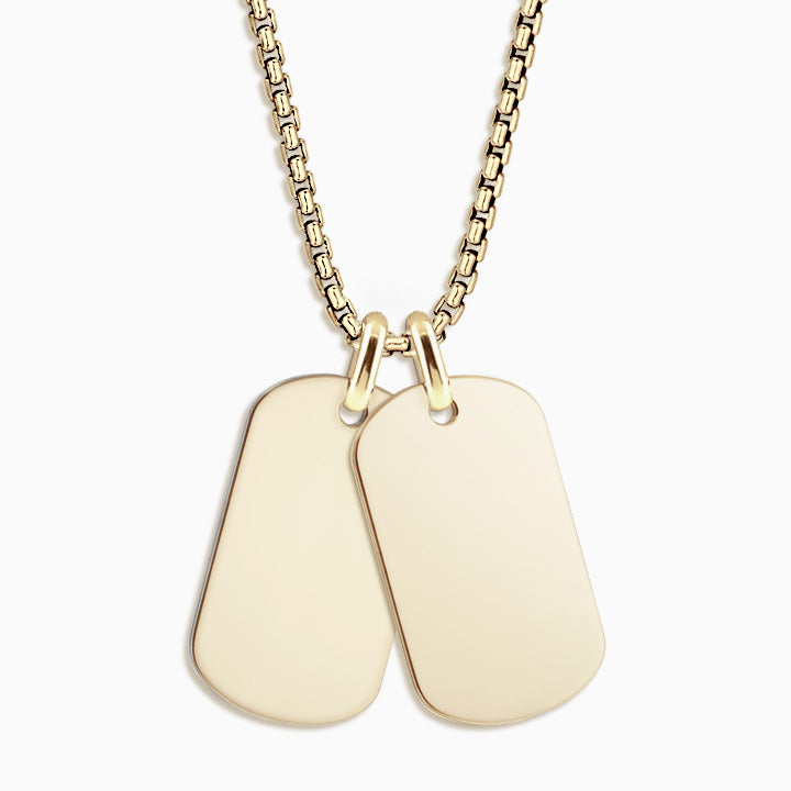 Men's Medium 14k Yellow Gold Flat-Edge Double Dog Tag Necklace with Rounded Box-Link Chain