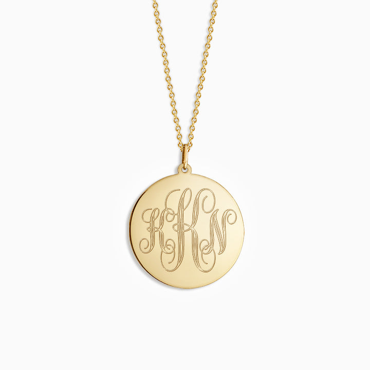 Engravable 1 inch 14k Yellow Gold Interlocking Script Monogram Disc Charm Necklace - Front Engraving