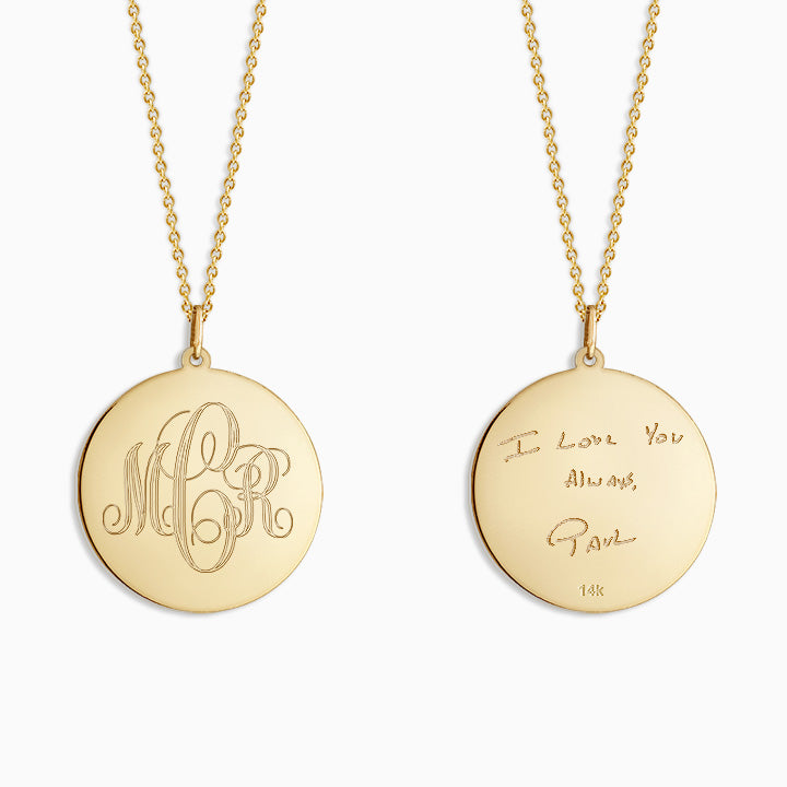 Engravable 1 inch 14k Yellow Gold Interlocking Script Monogram Disc Charm Necklace - Back Engraving