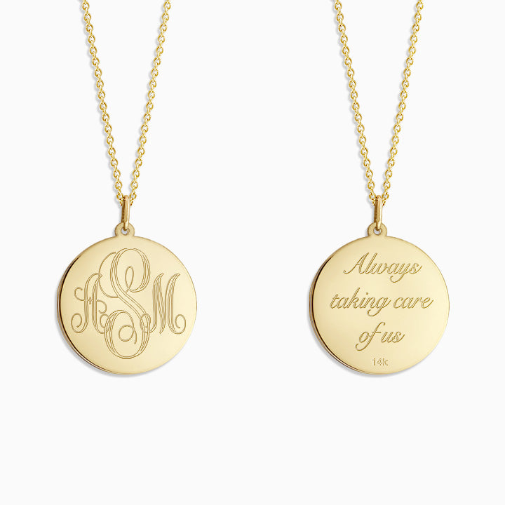 Engravable 7/8 inch 14k Yellow Gold Interlocking Script Monogram Disc Charm Necklace - Back Engraving