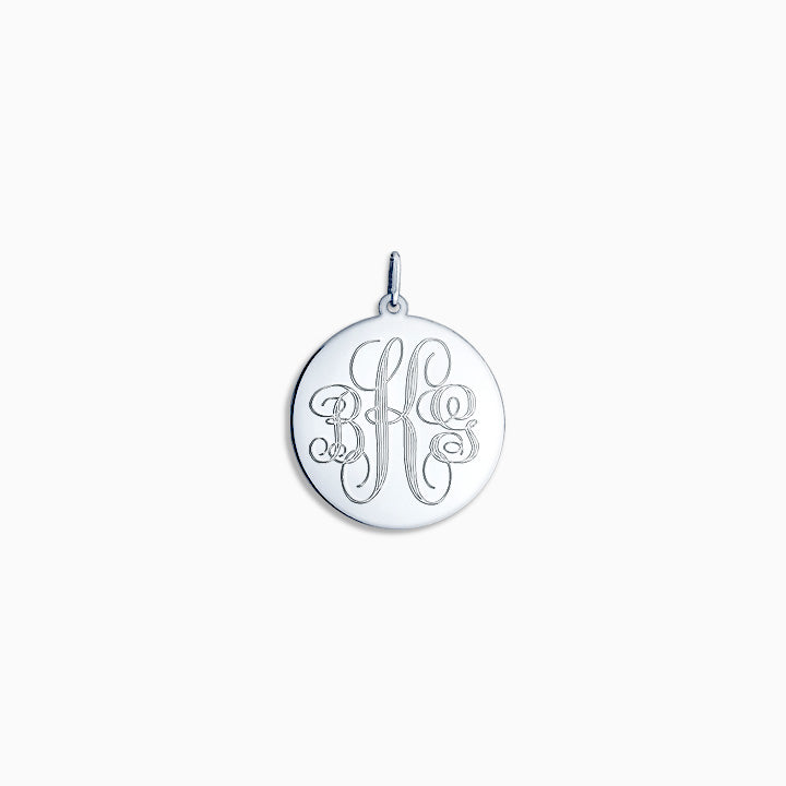 Engravable 7/8 inch Sterling Silver Interlocking-Script Monogram Disc Charm Pendant - Front Engraving