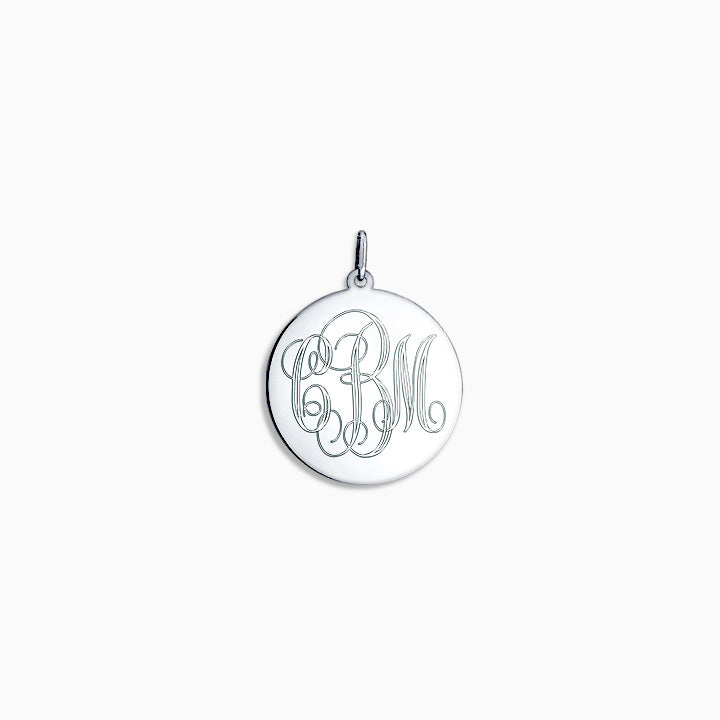 Engravable 7/8 inch 14k White Gold Interlocking-Script Monogram Disc Charm Pendant - Front Engraving