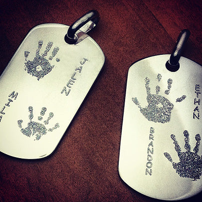 Sterling Silver Dog Tags for Father Custom Engraved with Actual Hand-prints and Childrens Names