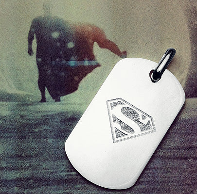 Men's Sterling Silver Flat Dog Tag Custom Engraved with Superman Symbol