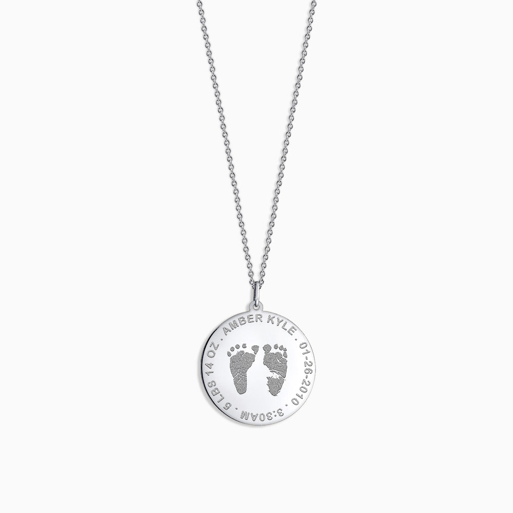 7/8 inch, 14k White Gold Custom Engraved Baby Footprint Charm