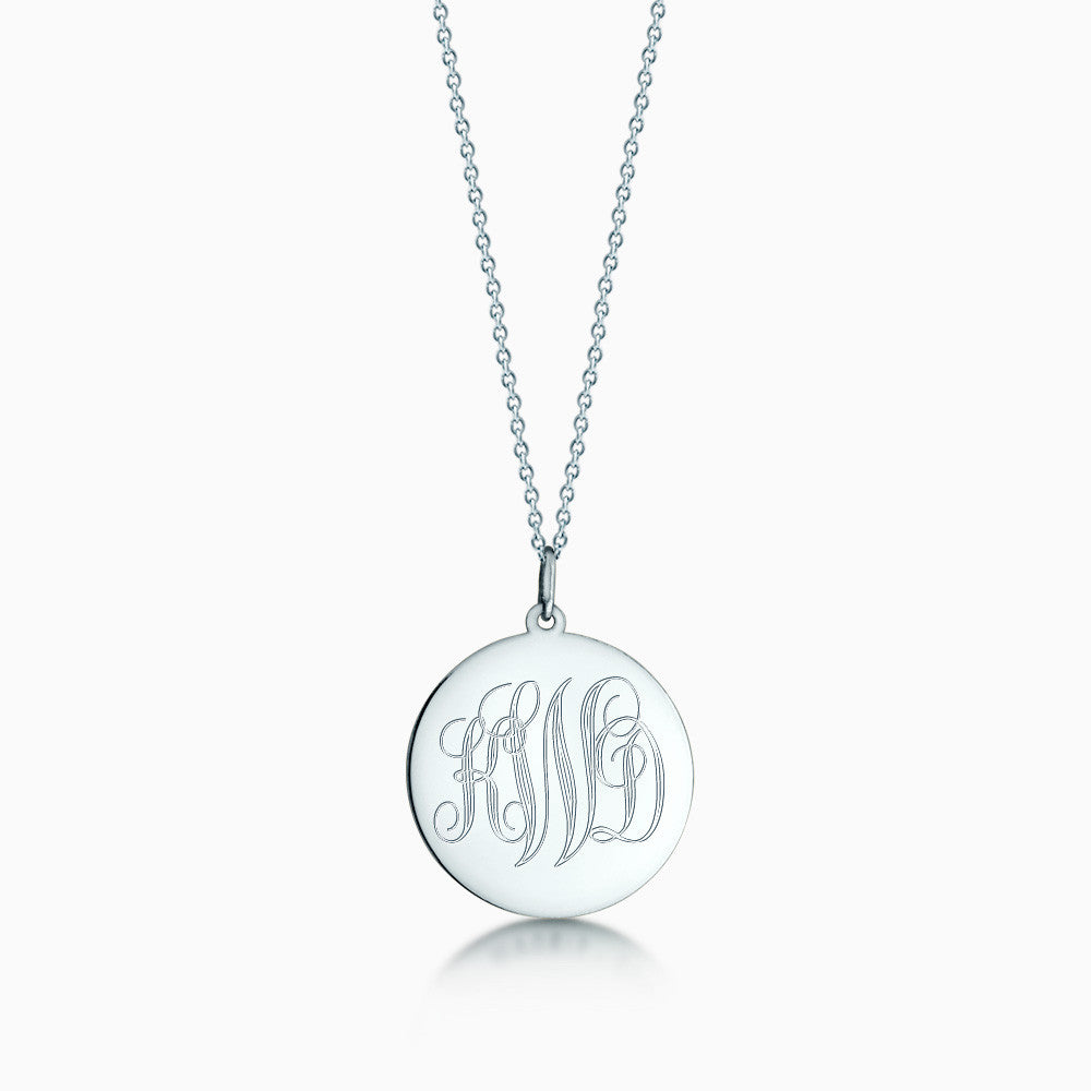 7/8 inch 14k White Gold Monogram Engraved Disc Charm Necklace - Sandy Steven Engravers