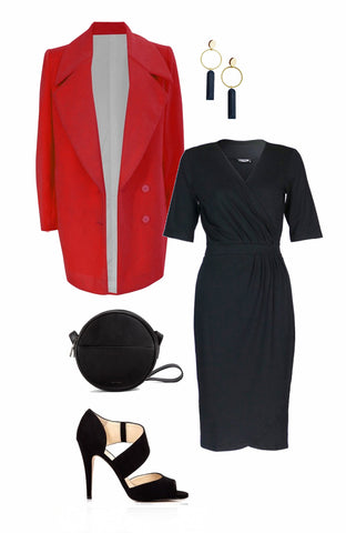 Evening outfit, Nancy Dee black wrap dress