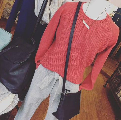 Ally-Bee coral knit teamed with ND organic cotton trousers and Aura Que across body bag