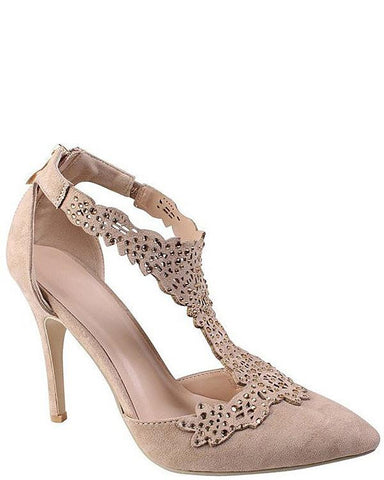 Encrusted Cut Out T-Bar Nude Shoes - Jezzelle