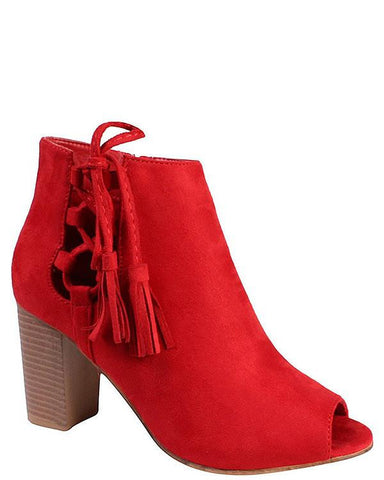 red suede peep toe heels