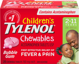 Tylenol Children's Chewables Fever & Pain Acetaminophen Tablets USP 160mg Bubble Gum 20ct Nav Image 1