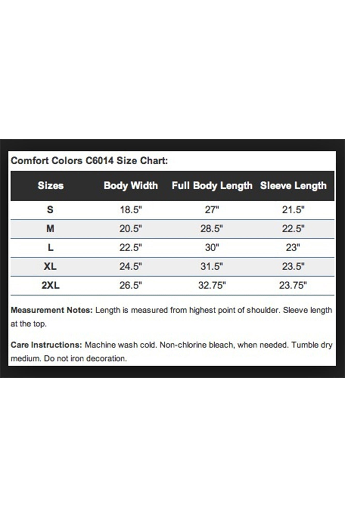 Comfort Colors Size Chart