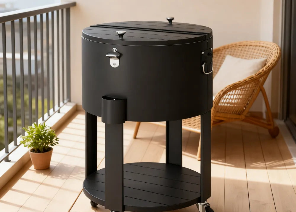Black outdoor cooler table on a patio in the background