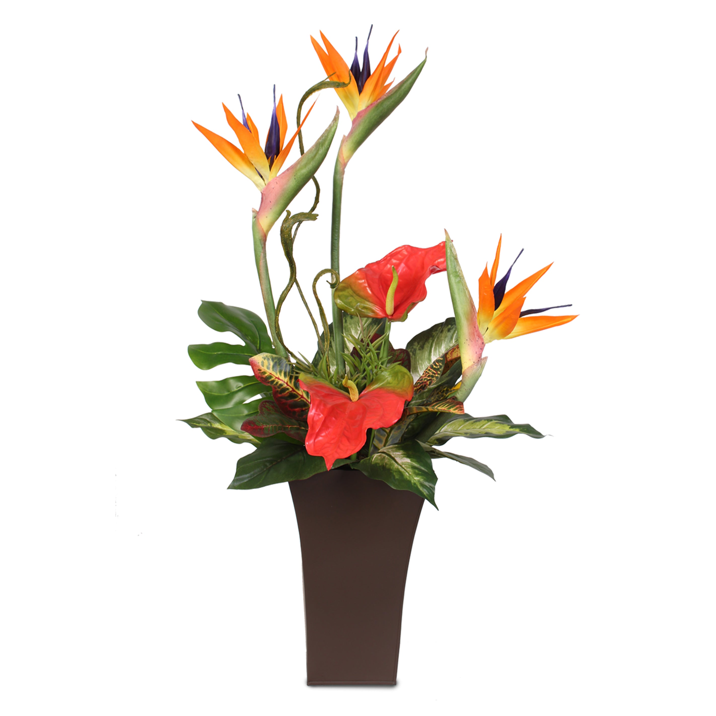 Silk Large Bird of Paradise and Anthurium in a Tall Metal Container #7