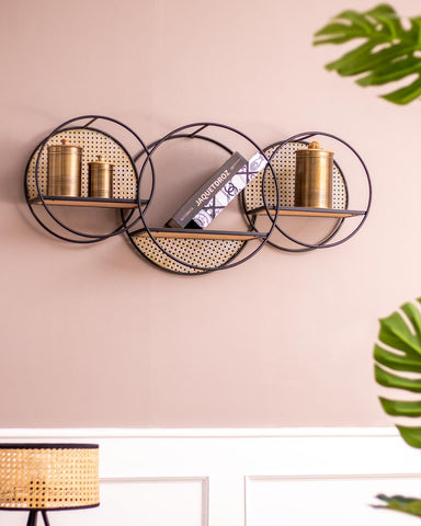 Innovative Three-in-One Wall Rack with circular rattan mesh compartments.