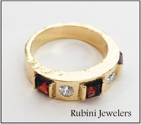 14kt yellow gold garnet and diamond Byzantine style ring by Rubini Jewelers