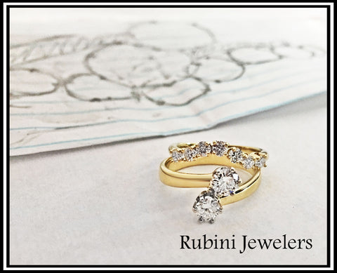 Custom Bypass Two Stone Engagement Ring and Contour Wedding Band, by Rubini Jewelers