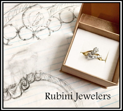 Custom 14kt gold contour wedding band to nest with antique 2 stone engagement ring, by Rubini Jewelers