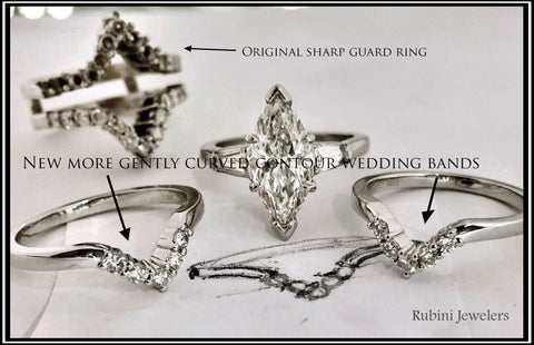 Dual contour 14kt white gold diamond wedding bands, reusing customer's stones by Rubini Jewelers