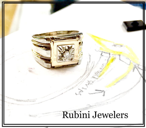 Vintage white gold family ring customized with yellow gold detail, by Rubini Jewelers