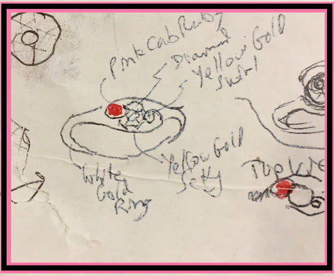 Two Stone Engagement Ring Sketches by Joanna's Fiance Tom, yellow gold, star ruby, european cut diamond