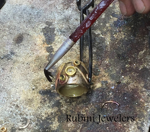 2tone gold swirl and diamond engagement ring coming along, by Rubini Jewelers