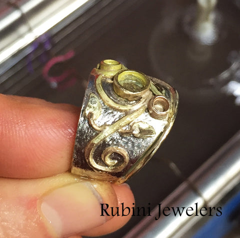 White and Yellow Gold Diamond Swirl Engagement by Rubini Jewelers, in progress