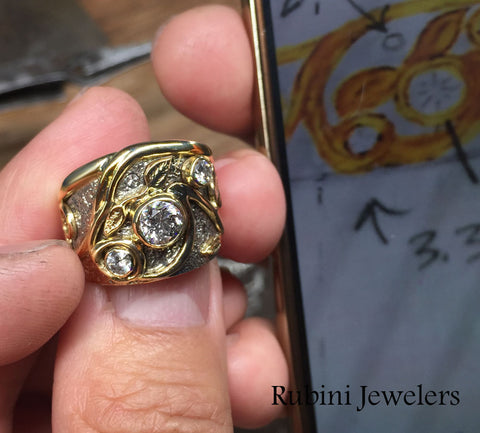 Swirls and Leaves White and Yellow Gold Diamond Engagement Ring, pictured next to customer's drawing of it, by Rubini Jewelers