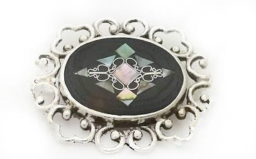 Vintage Mexican Silver Abalone Onyx Brooch at Rubini Jewelers