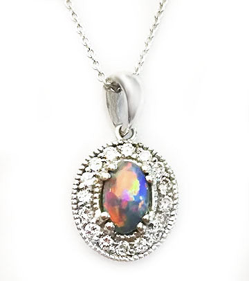 White Gold Diamond Halo Black Opal Pendant at Rubini Jewelers