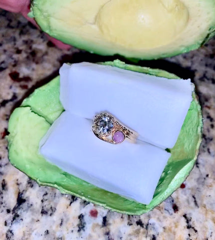 Diamond ruby two stone magical engagement ring in avocado shell box