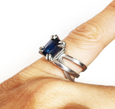 Sideview of Layered Platinum Bands and Sapphire Ring by Rubini Jewelers