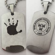 Stainless steel dog tag laser engraved with handprint, fingerprint, and logo, by Rubini Jewelers