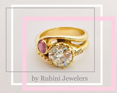 European Cut Diamond Star Ruby Yellow Gold 2 stone engagement ring by Rubini Jewelers