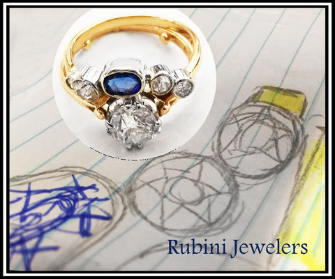 14kt gold bezel diamonds and sapphire contour band by Rubini Jewelers, using family stones