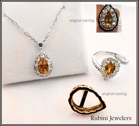Topaz and Diamond pendant and ring created reusing customer's earrings