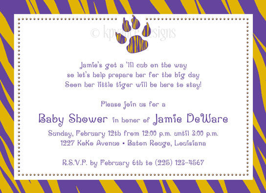 purple and gold tiger paw print invitation/announcement