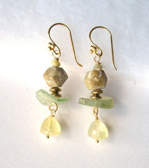 Oregon Green Garnet, Prehnite, Roman Glass Earrings