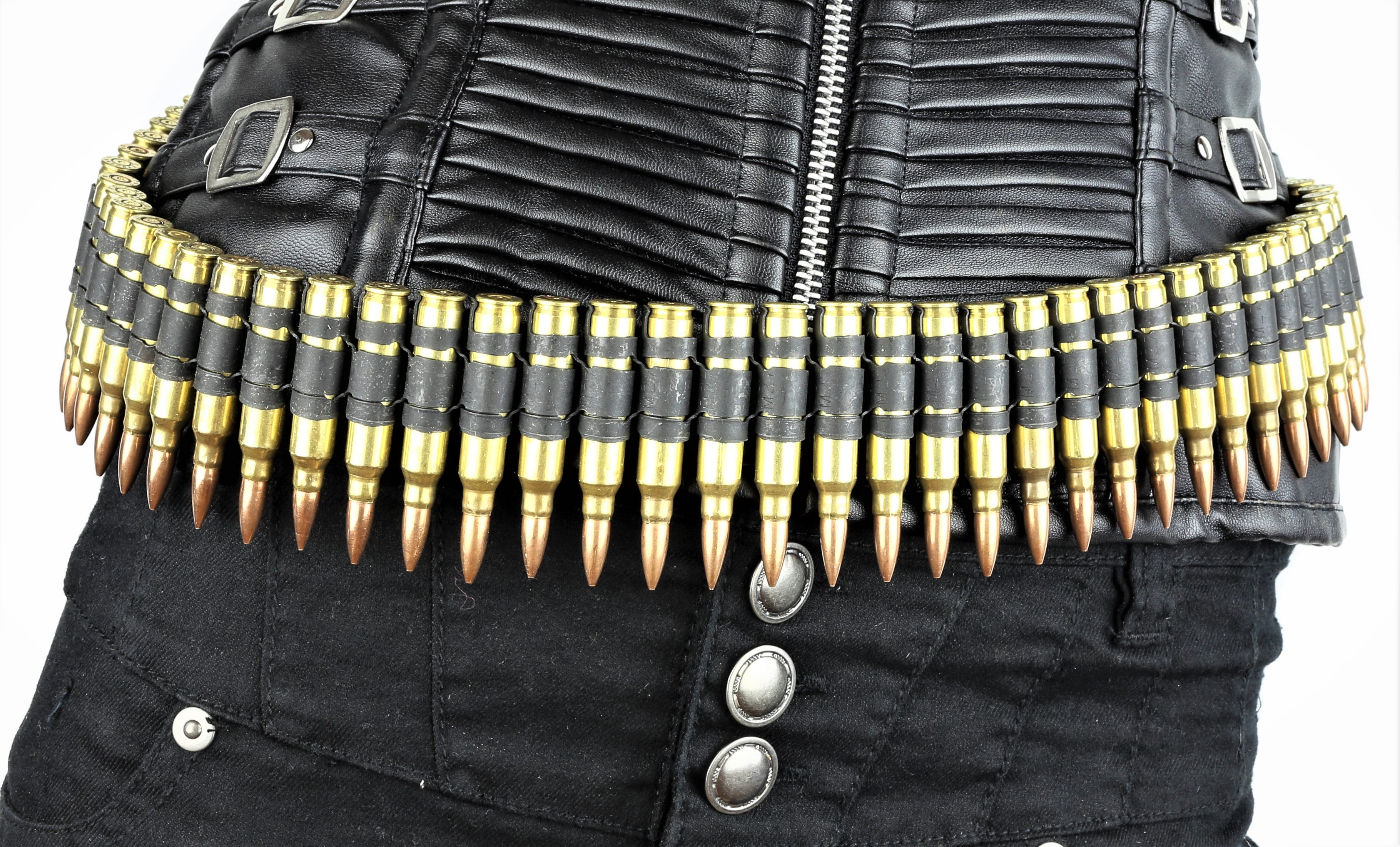 M16 223 Caliber Bullet Belt Brass Shell Copper Tips Black X Link