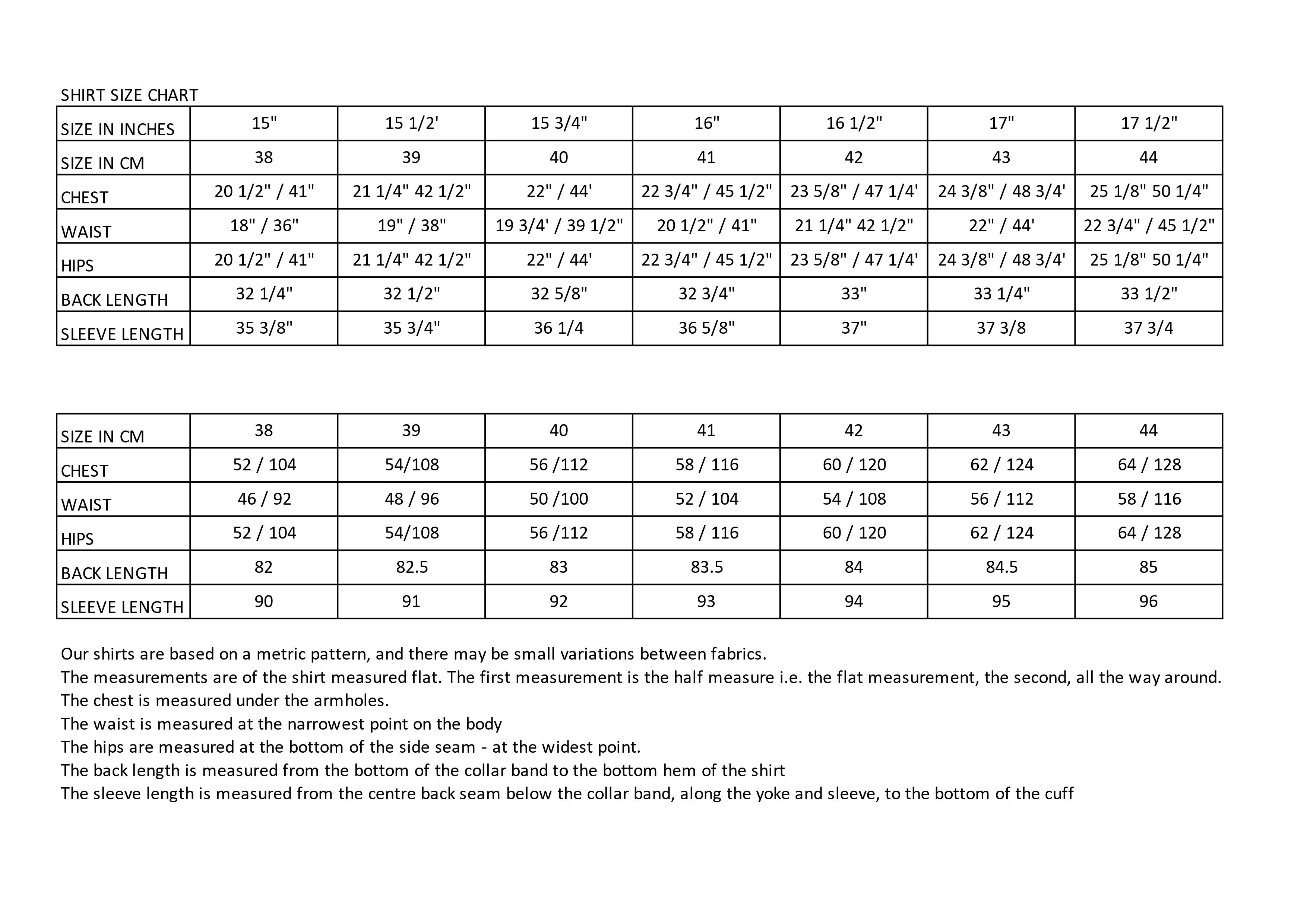 udeshi shirt sizing chart