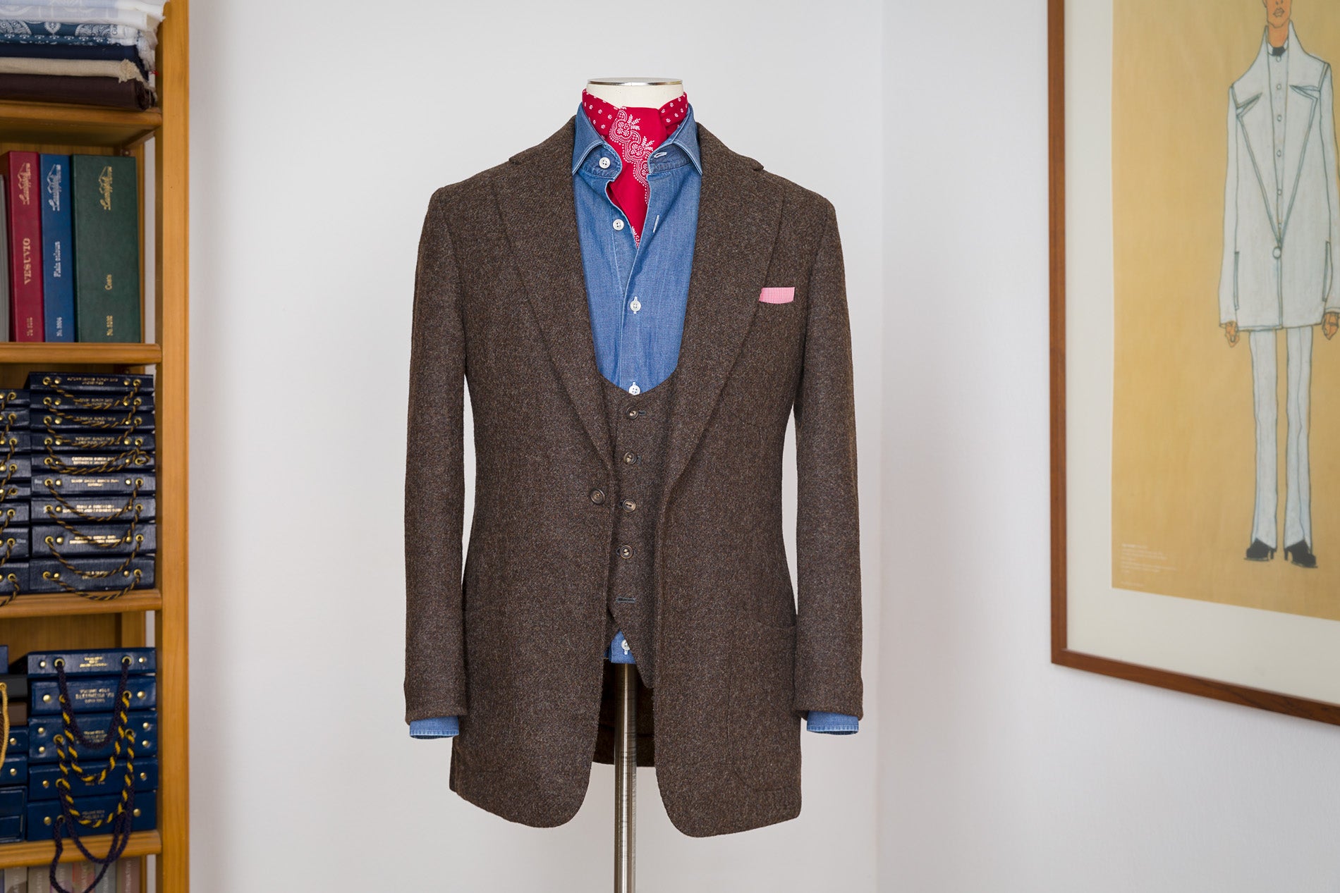Unstructured bespoke shetland tweed jacket and vest