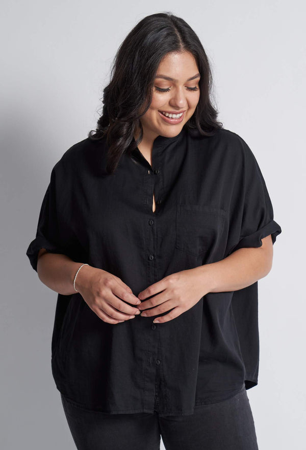 Short Black Cotton Easy Shirt Dress - Sale