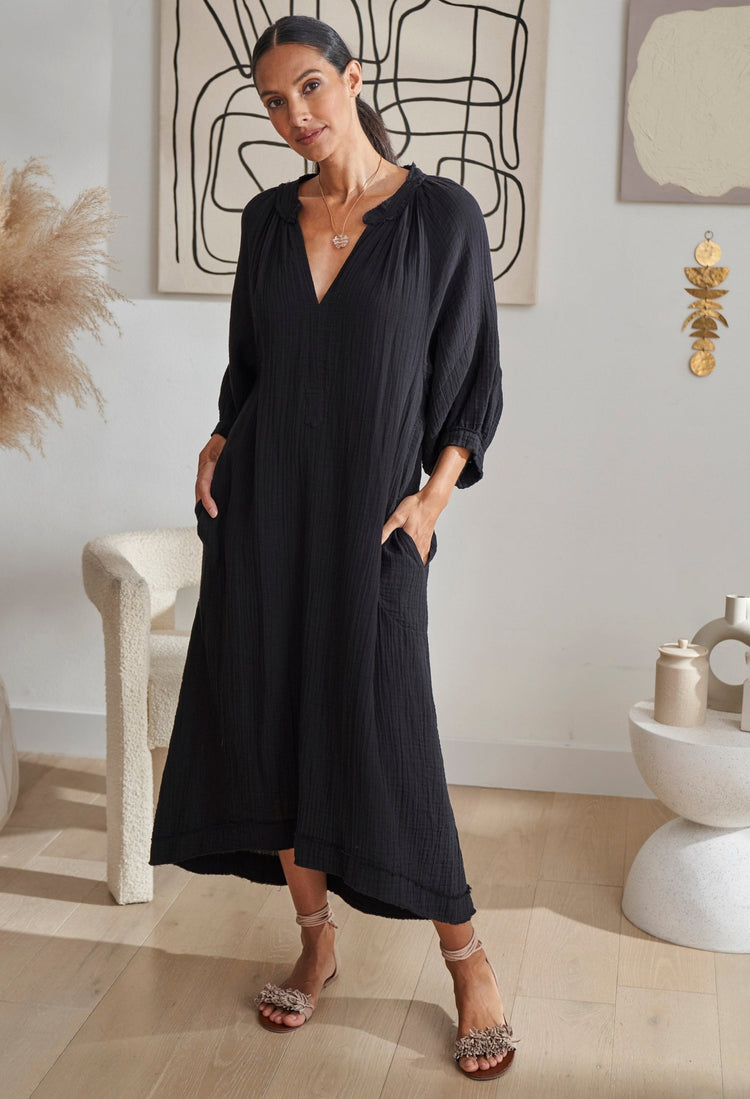 Eco Friendly Black Gauze Dress with Pockets | ocean+main