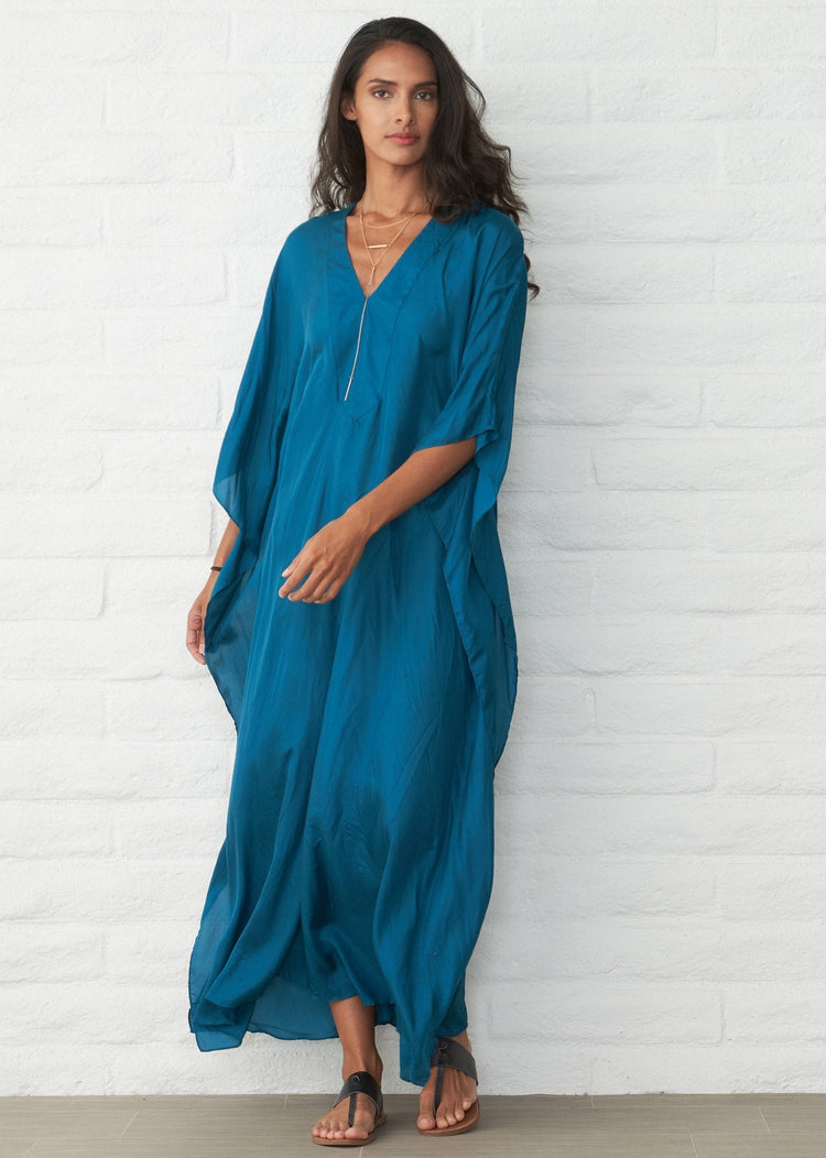 Eco Friendly Teal Silk Placket V-Neck Long Caftan | ocean+main