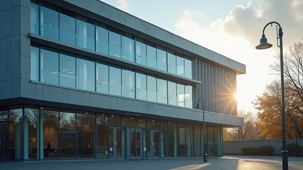 Modern glass building with large windows meeting PSN accreditation standards