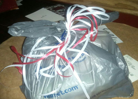 Grocery store gift wrapping in a Walmart bag