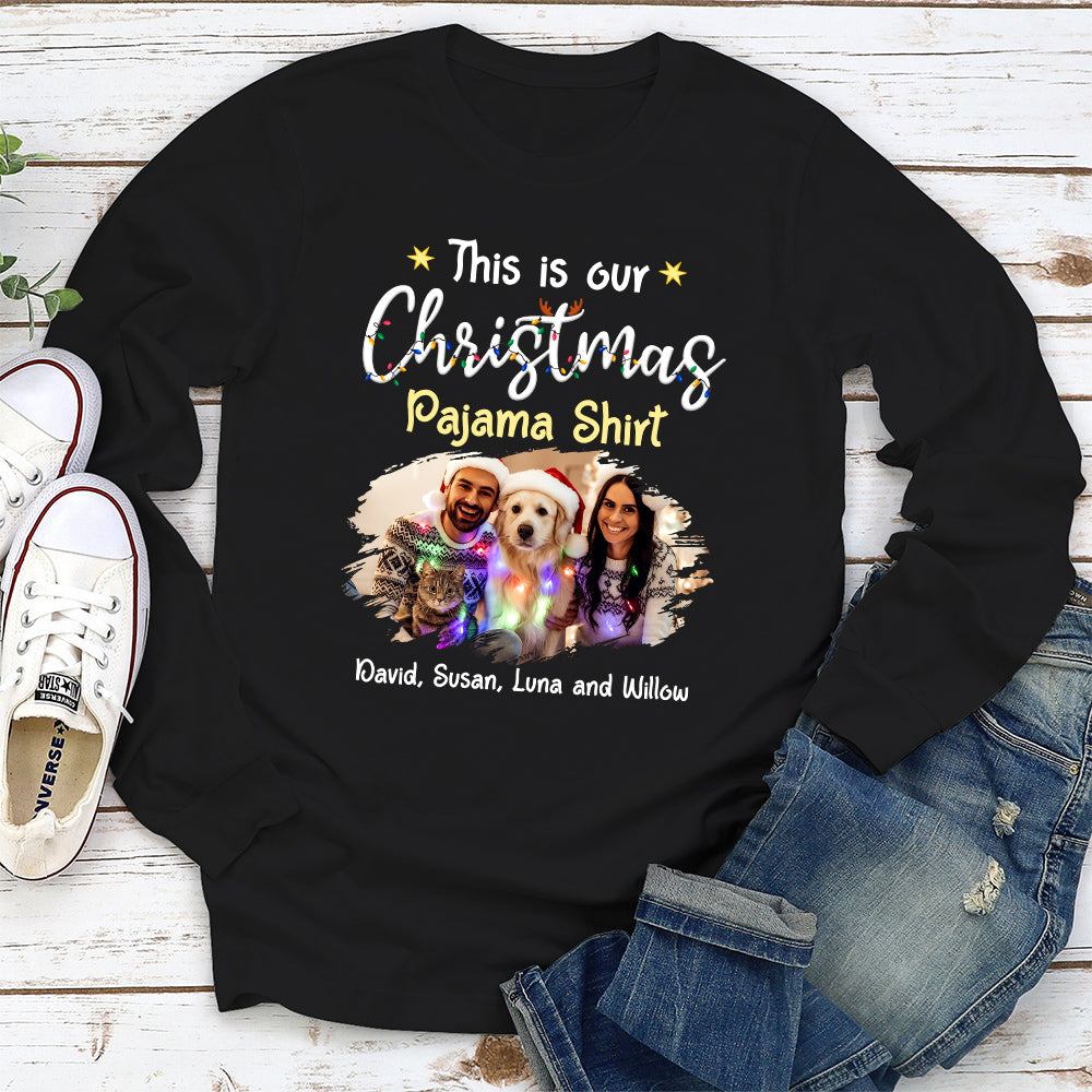 Pawjama Shirt Cartoon Christmas Ver Couple Photo - Personalized Custom Long Sleeve T-Shirt