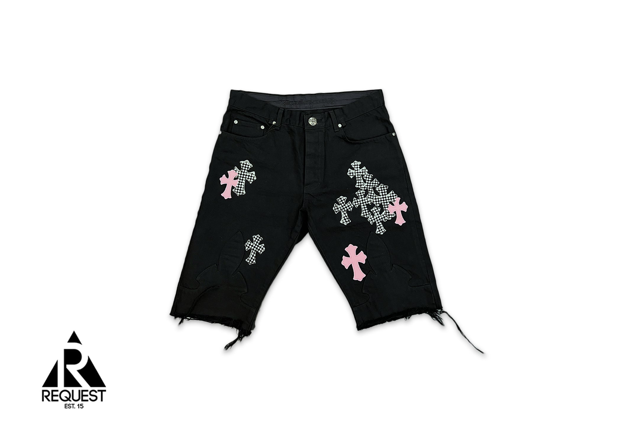 Chrome Hearts Pink & Checkered Cross Patch Fleurknee Jeans Black