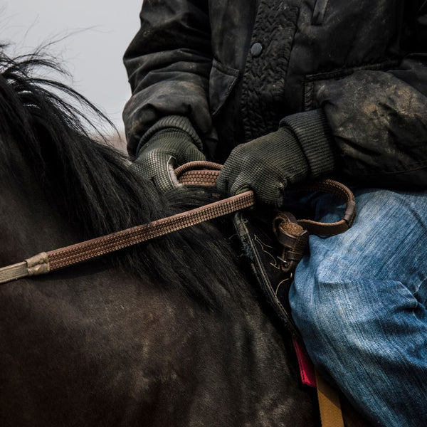 Man in blue jeans riding black horse using western horse reins